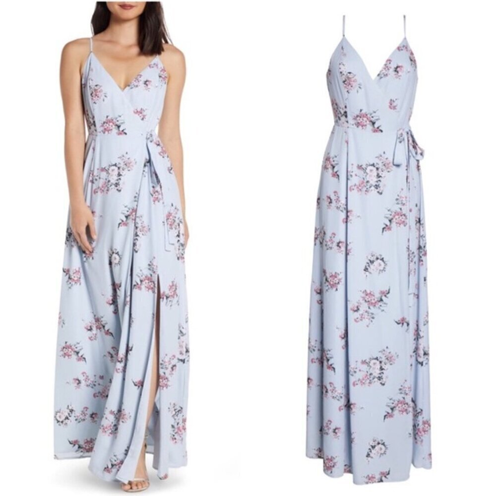 WAYF Angelina Slit Floral Wrap Gown Blue Size Medium - Picture 3 of 15